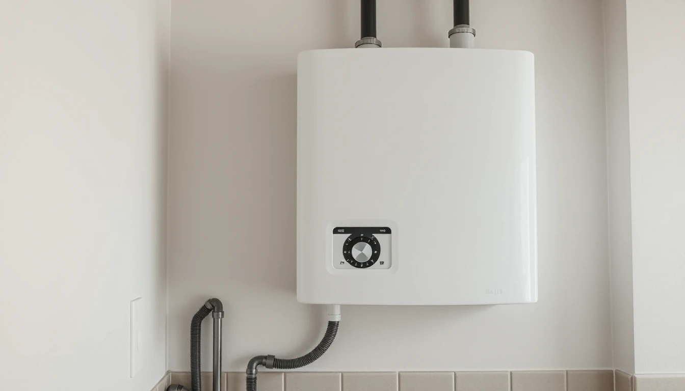 KI-Symbolbild: Ein weißes Wandgerät zur Warmwasserbereitung mit Leitungen an einer hellen Wand.