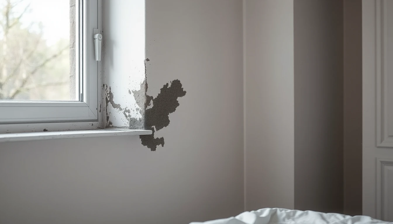 KI-Symbolbild: Ein dunkler Schimmelfleck an der Wand neben einem Fenster in einem Schlafzimmer.
