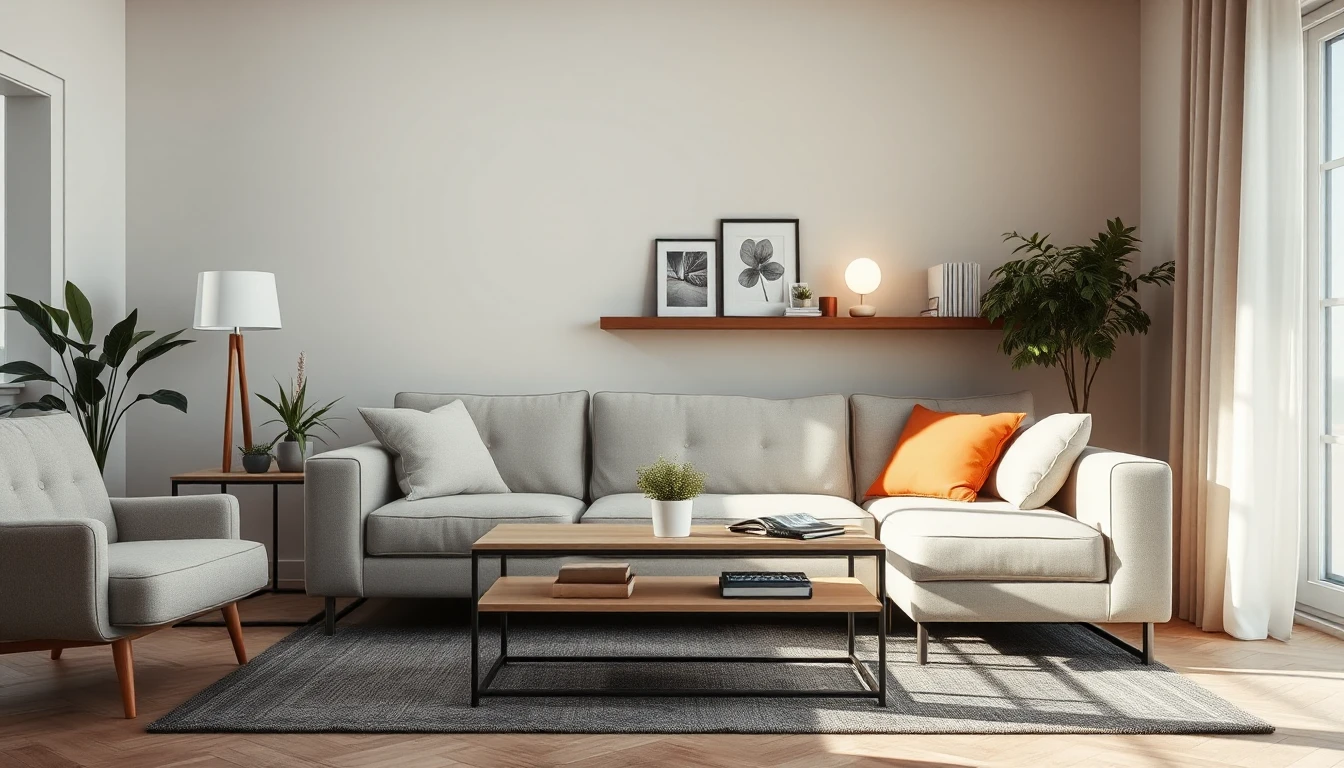 KI-Symbolbild: Ein modern eingerichtetes Wohnzimmer mit Sofa, Couchtisch, Regal und Lampen im Tageslicht.