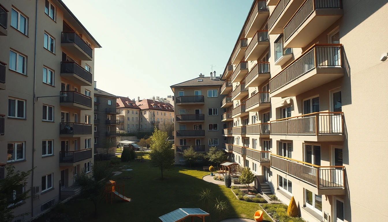 KI-Symbolbild: Eine moderne Wohnanlage mit Balkonen, grünem Innenhof und Spielplatz bei Sonnenschein.