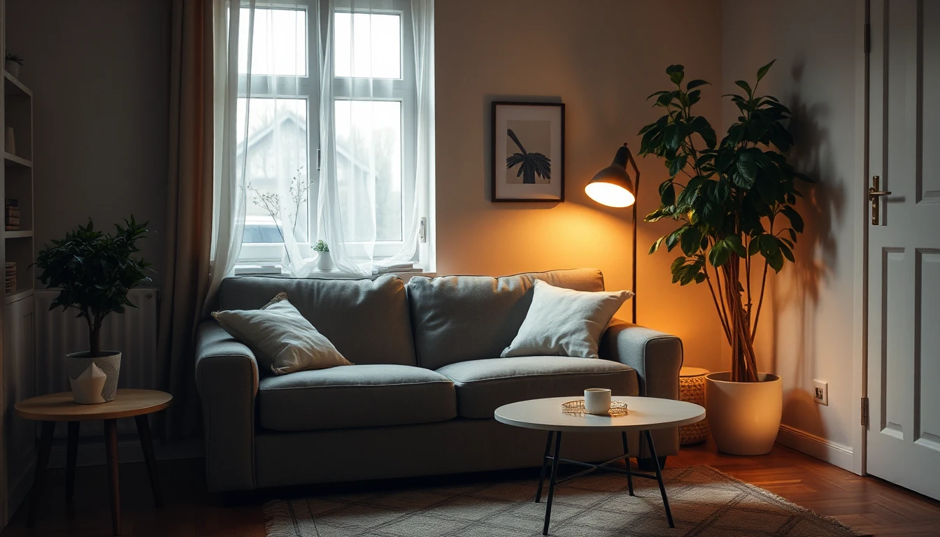 KI-Symbolbild: Ein gemütliches kleines Wohnzimmer mit Sofa, Pflanze und warmem Licht einer Stehlampe am Abend.