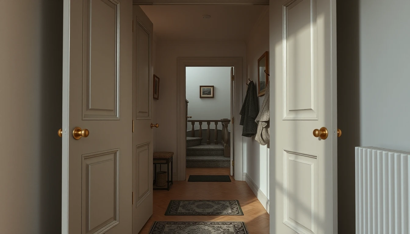 KI-Symbolbild: Blick aus einer Wohnung durch die offene Tür auf Fußmatten, Garderobenhaken und ein ruhiges Treppenhaus.