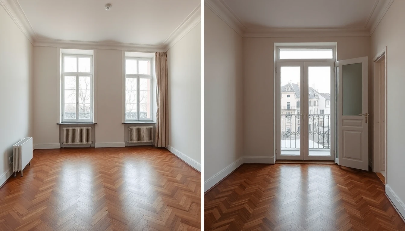 KI-Symbolbild: Zweigeteiltes Bild zweier leerer heller Wohnungen, links ein Altbauraum mit hohen Fenstern und Parkett, rechts ein schlichterer Raum mit Balkontuer.