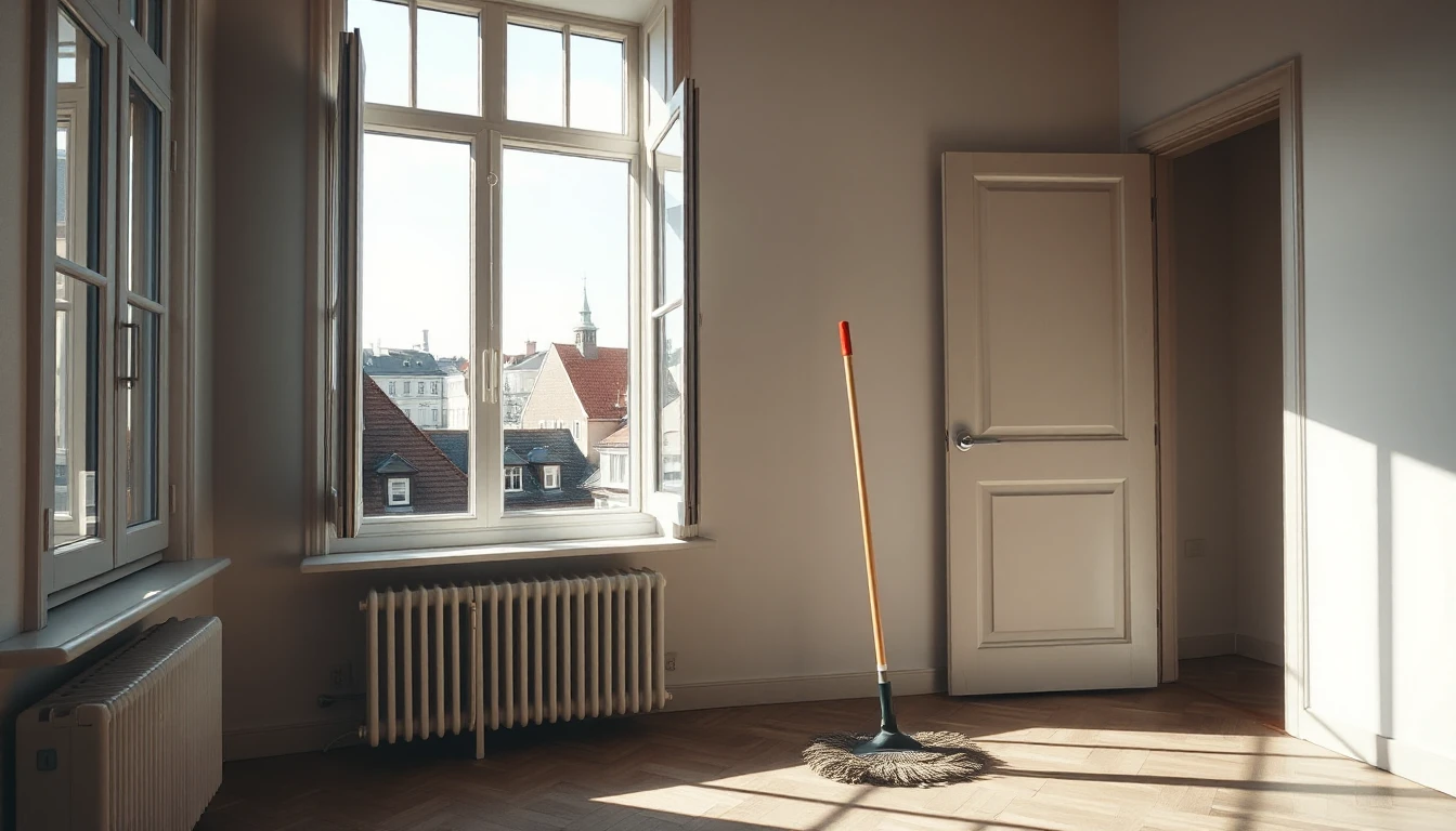KI-Symbolbild: Leere, frisch gereinigte Altbauwohnung mit weit geöffnetem Fenster, einem Mopp auf dem Parkett und Altstadtdächern draußen.