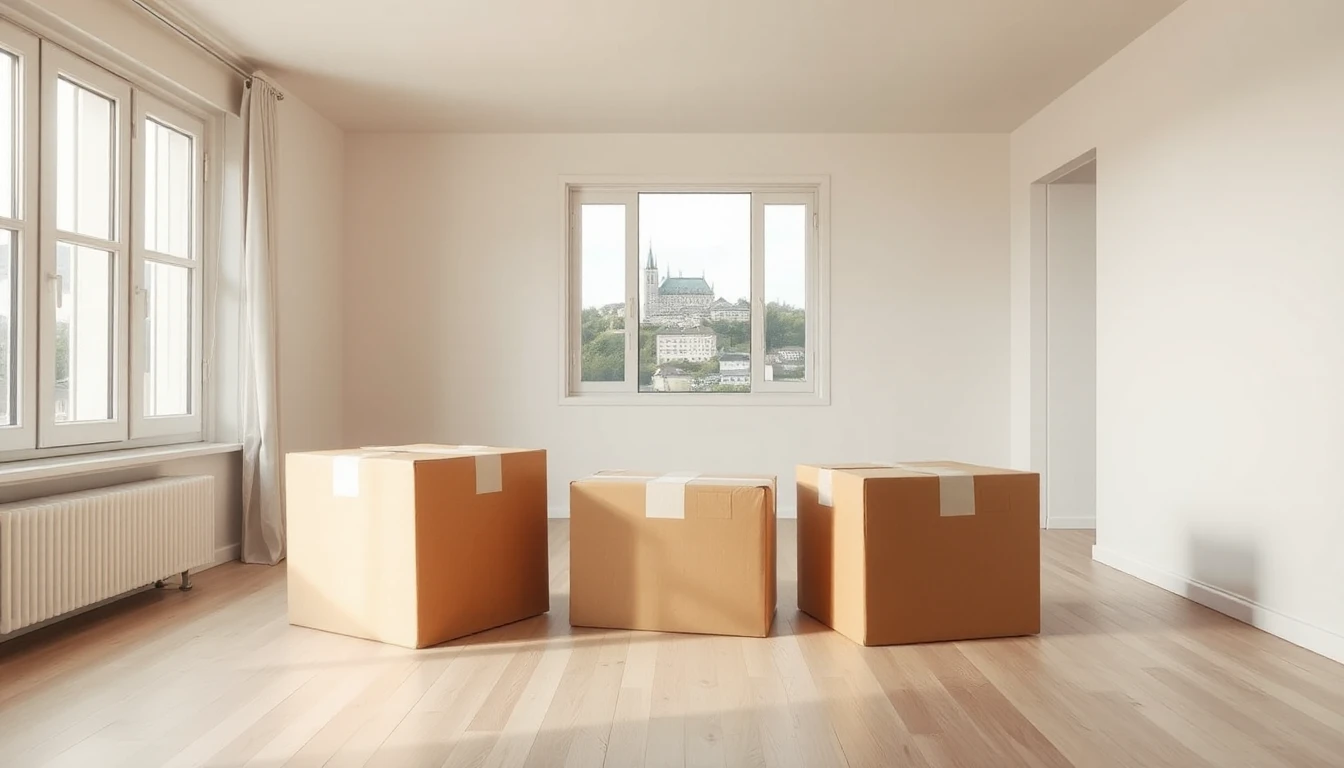 KI-Symbolbild: Drei Umzugskartons stehen in einer leeren, hellen Wohnung mit Holzboden, durch das Fenster ist eine Altstadt mit Burg zu sehen.
