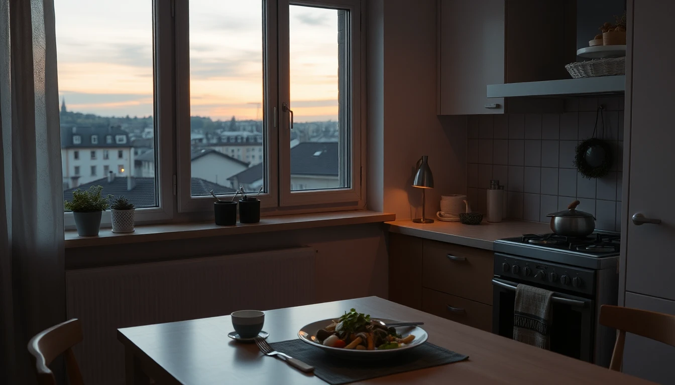 KI-Symbolbild: Ein Küchentisch mit einem einfachen Abendessen vor einem Fenster mit Blick über Stadtdächer in der Dämmerung.