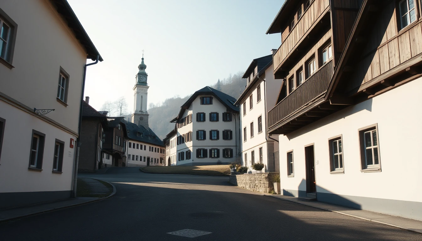 KI-Symbolbild: Eine Dorfstraße zwischen Häusern mit einer kleinen ansteigenden Wiesenfläche, im Hintergrund ein Kirchturm mit Uhr.