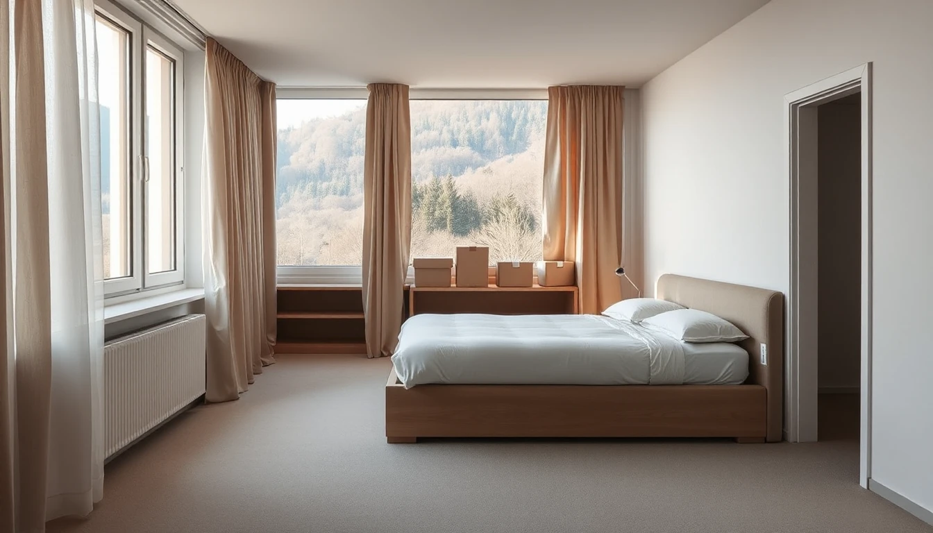 KI-Symbolbild: Ein neu eingerichtetes Schlafzimmer mit Bett, schlichten Kartons auf der Fensterbank und Blick auf bewaldete Hügel.
