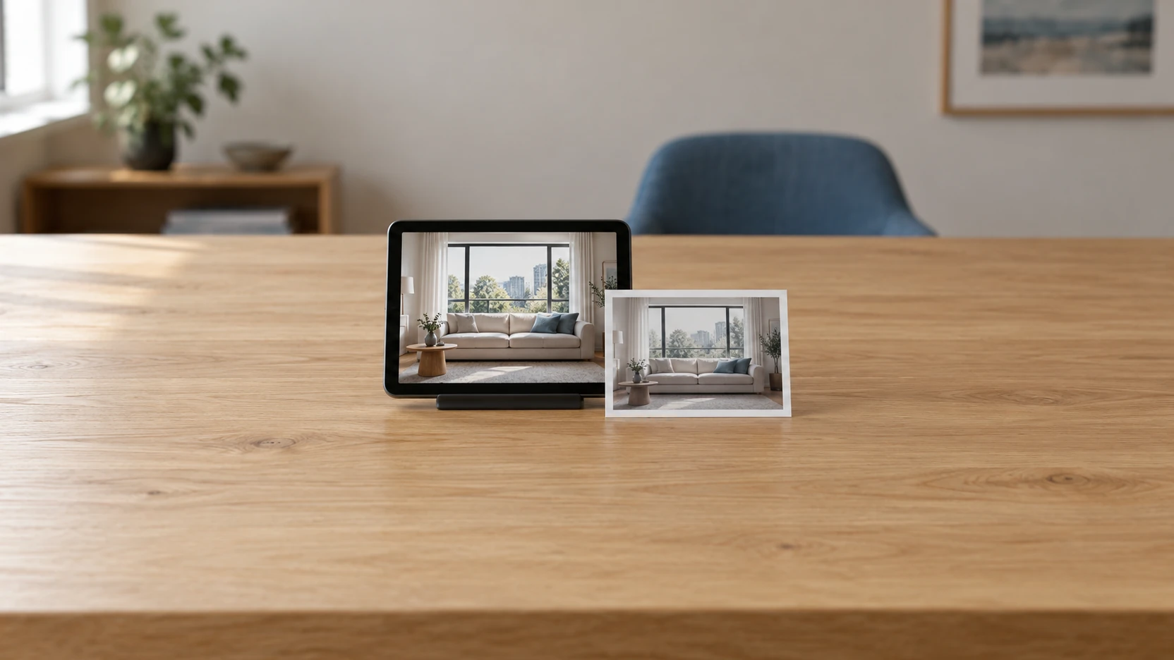 KI-Symbolbild: Ein neutrales Tablet und ein Fotoausdruck zeigen dasselbe fiktive Wohnzimmer und ermöglichen den Vergleich der Bildausgabe.