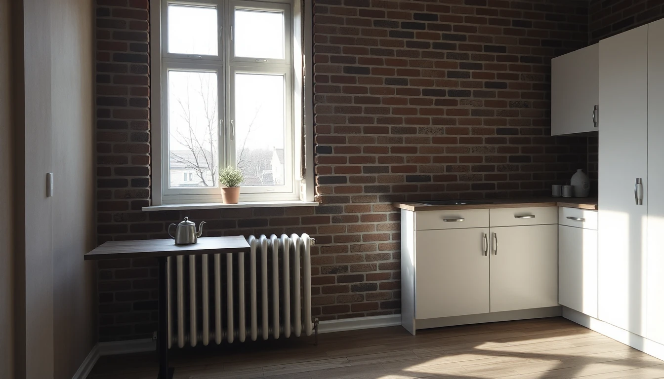 KI-Symbolbild: Eine stille Küchenecke mit Backsteinwand, einer Teekanne auf dem Tisch und einem Heizkörper unter dem Fenster im grauen Winterlicht.