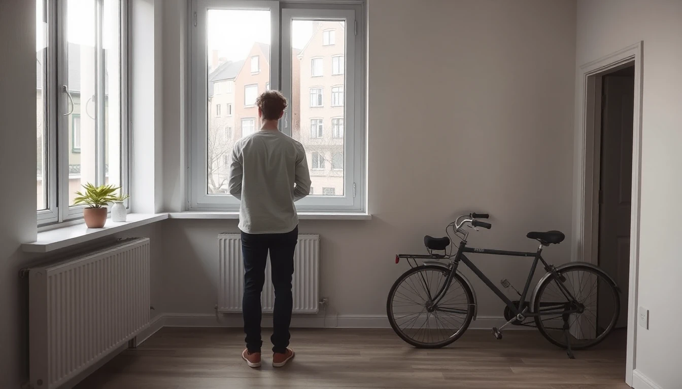 KI-Symbolbild: Person von hinten in einer hellen, leeren Mietwohnung am Fenster, daneben ein Fahrrad an der Wand.