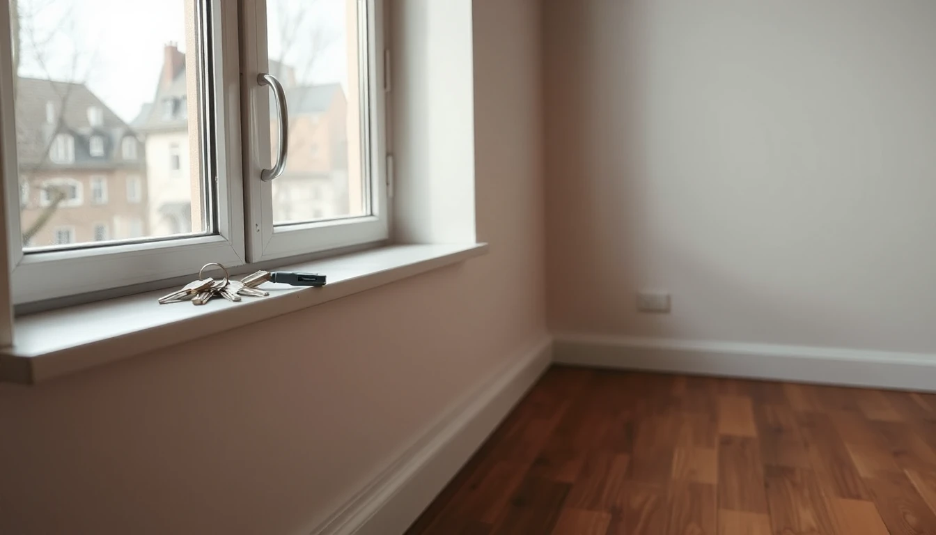 KI-Symbolbild: Ein Schlüsselbund liegt auf der Fensterbank einer leeren, frisch gestrichenen Wohnung mit Holzboden.