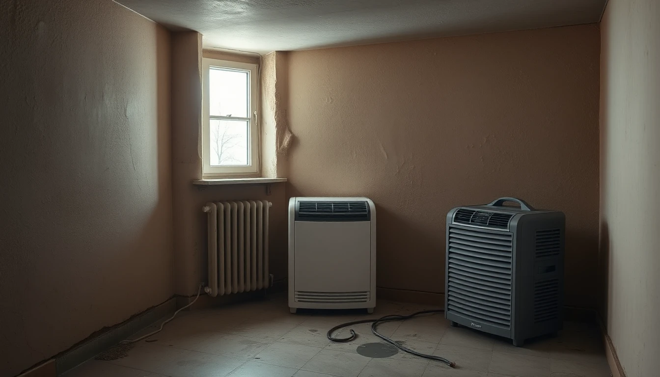 KI-Symbolbild: Ausgebauter Kellerraum mit feuchter, abgeplatzter Ecke und zwei Luftentfeuchtern auf dem Boden unter einem kleinen Fenster.