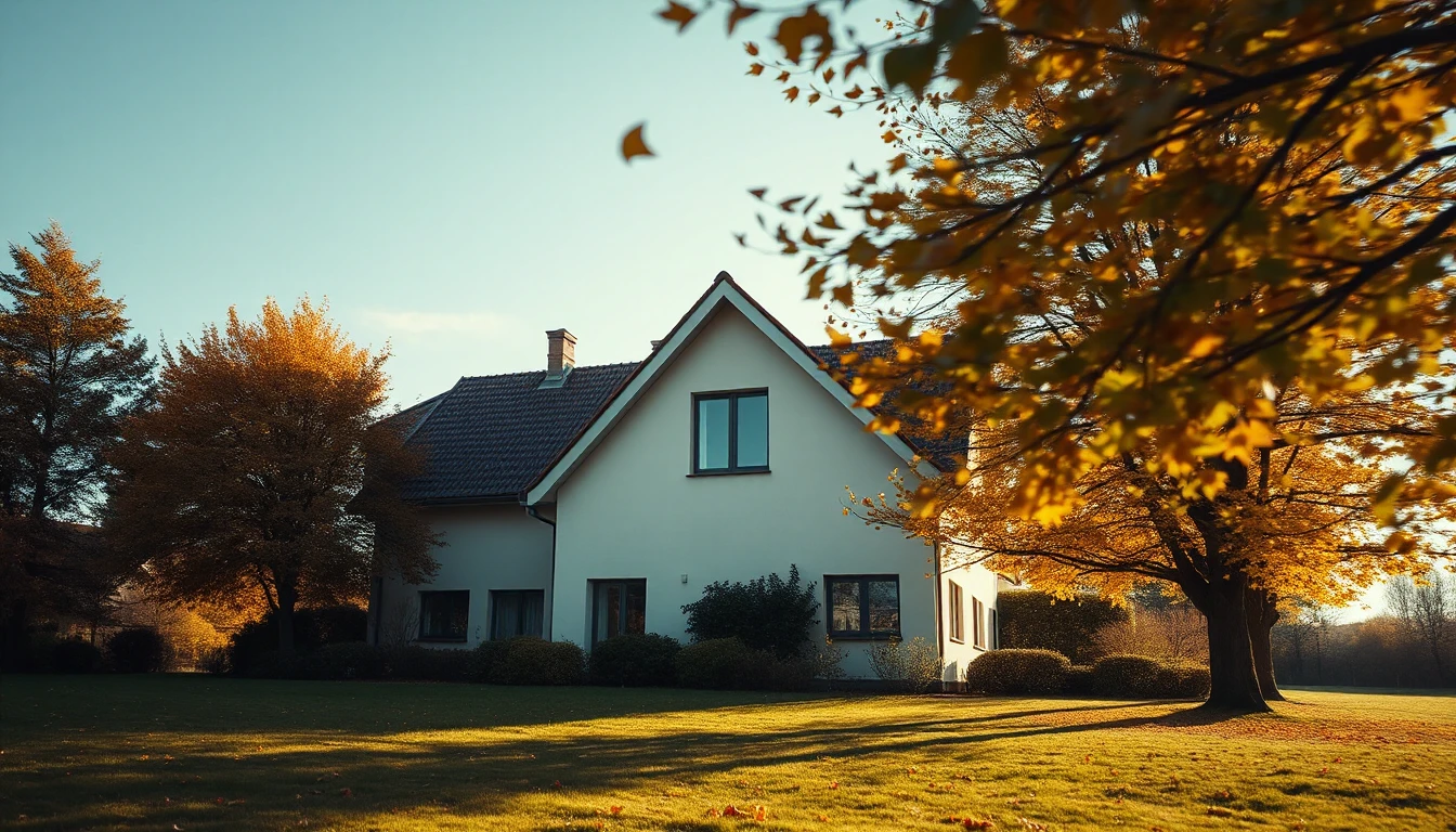 KI-Symbolbild: Ein weißes Einfamilienhaus mit Satteldach hinter einer Wiese, Herbstlaub weht von einem großen Baum.