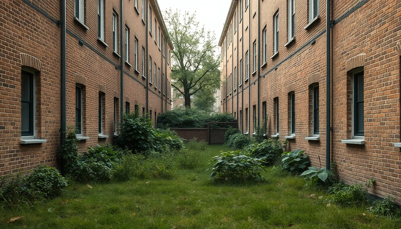 KI-Symbolbild: Eine verwilderte, unbebaute Fläche zwischen zwei Backstein-Wohnhäusern, am Ende eine niedrige Mauer und ein großer Baum.