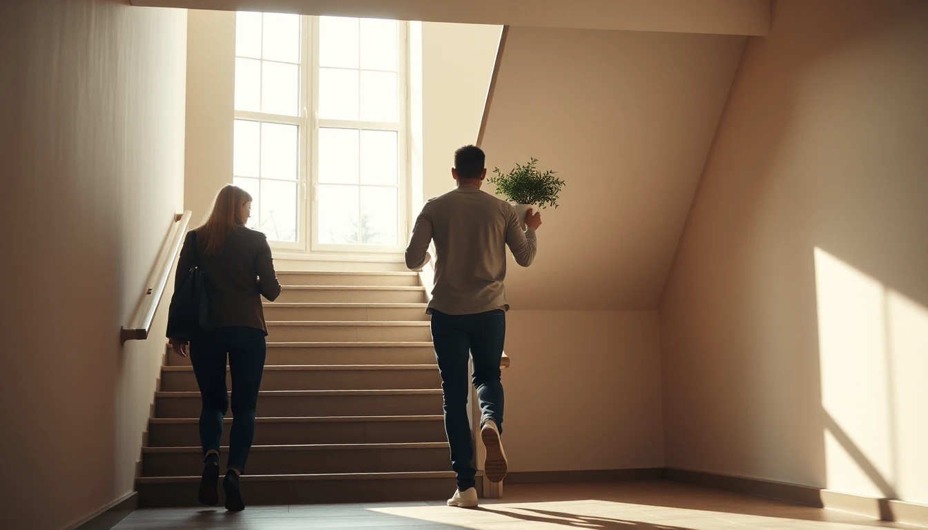 KI-Symbolbild: Ein Paar geht von hinten gesehen im sonnigen Treppenhaus eines Mietshauses auf die Treppe zu, der Mann trägt eine Topfpflanze.