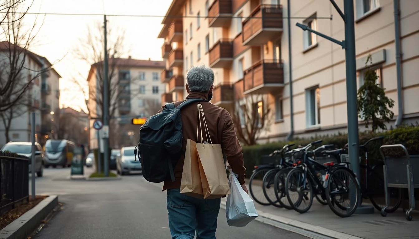 KI-Symbolbild: Eine Person mit Rucksack und Einkaufstüten geht von hinten gesehen auf einer Wohnstraße an abgestellten Fahrrädern vorbei auf ein Wohnhaus zu.