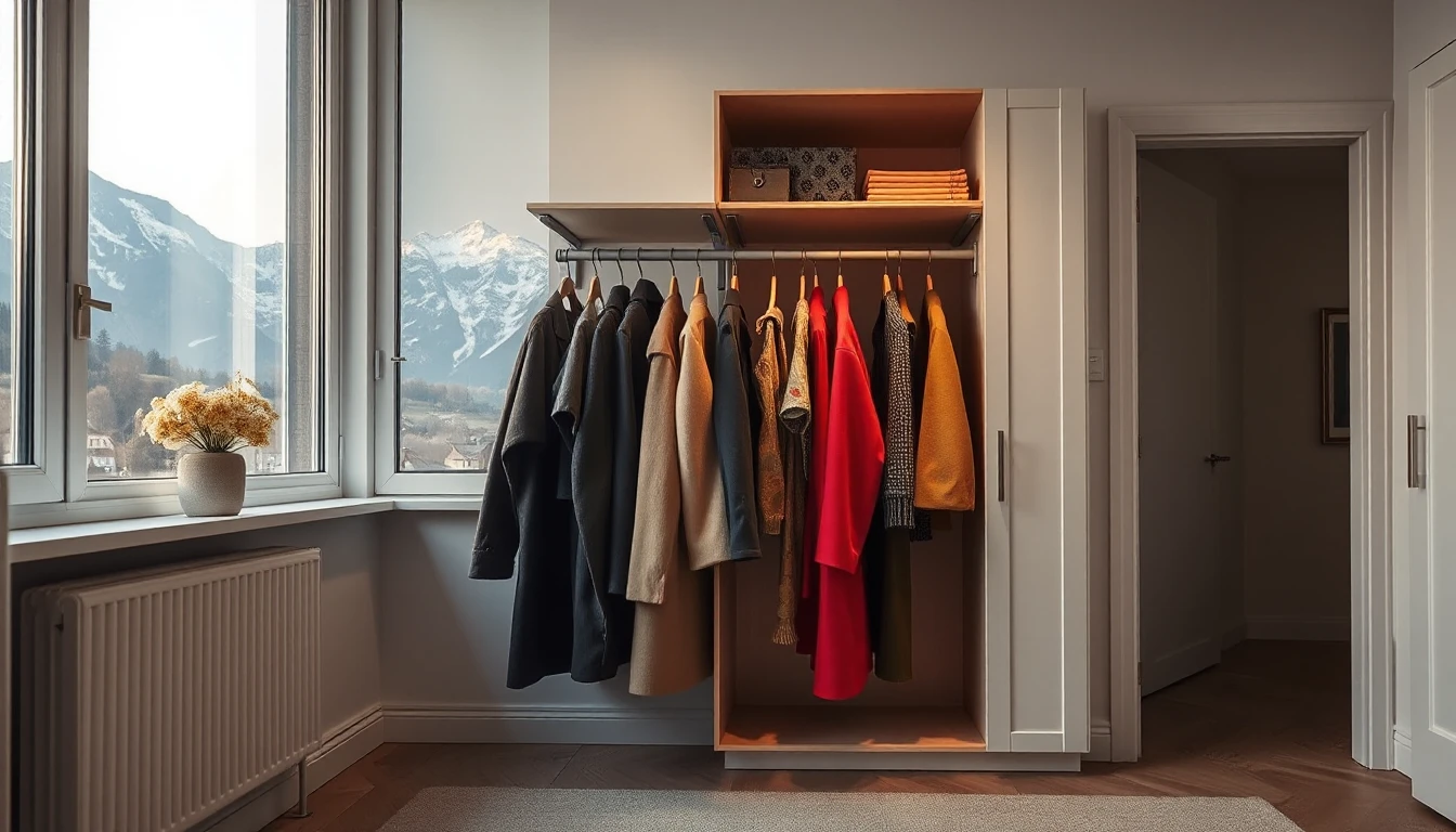 KI-Symbolbild: Ein Kleiderschrank mit Mänteln in verschiedenen Stilen neben einem Fenster mit Blick auf schneebedeckte Berge.