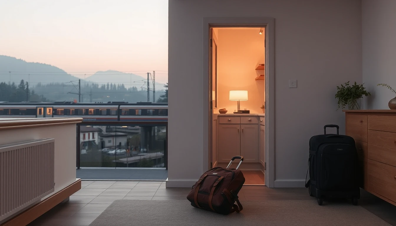 KI-Symbolbild: Eine Reisetasche und ein Koffer stehen in einer kleinen Wohnung, draußen fährt im Dämmerlicht ein Regionalzug vorbei.