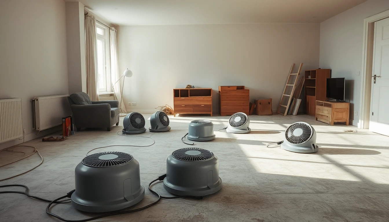 KI-Symbolbild: Ein Wohnzimmer mit freigelegtem Estrich, auf dem mehrere Trocknungsgeräte stehen, die Möbel sind an die Wand geschoben.