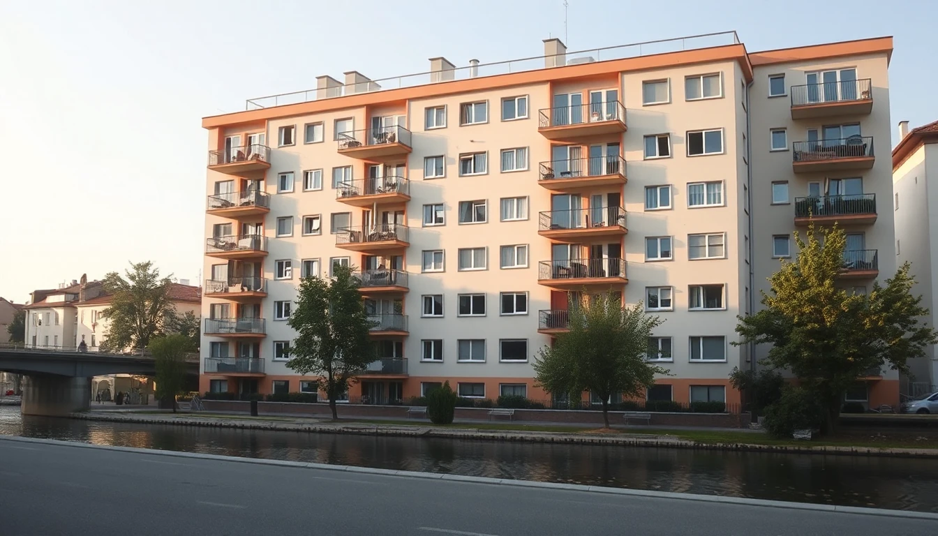 KI-Symbolbild: Ein gepflegtes mehrstöckiges Wohnhaus mit Balkonen steht an einem Fluss im hellen Morgenlicht.