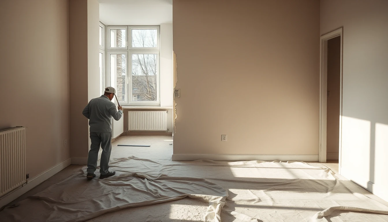 KI-Symbolbild: Wohnung kurz vor der Übergabe mit Abdeckplanen auf dem Boden und einem Maler, der von hinten zu sehen ist.