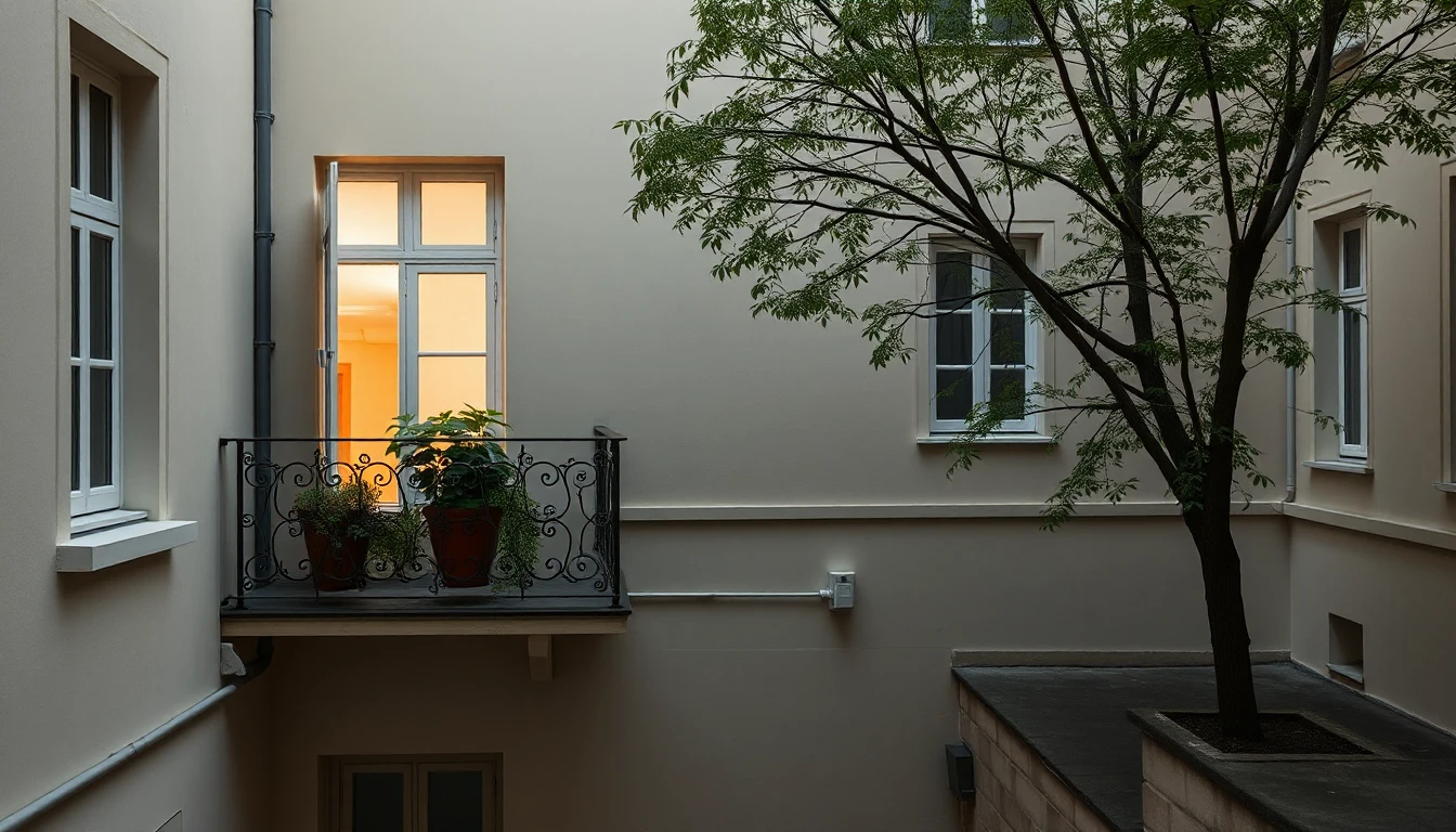 KI-Symbolbild: Innenhof eines Wohnhauses am Abend mit einem kleinen Balkon voller Topfpflanzen vor einem warm erleuchteten Fenster und einem Baum.