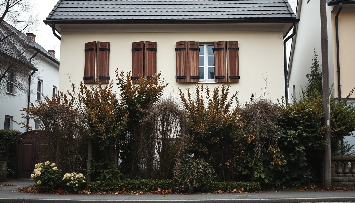 KI-Symbolbild: Ein älteres Einfamilienhaus mit hölzernen Fensterläden und verwildertem Vorgarten, von der Straße aus an einem grauen Herbstmorgen gesehen.