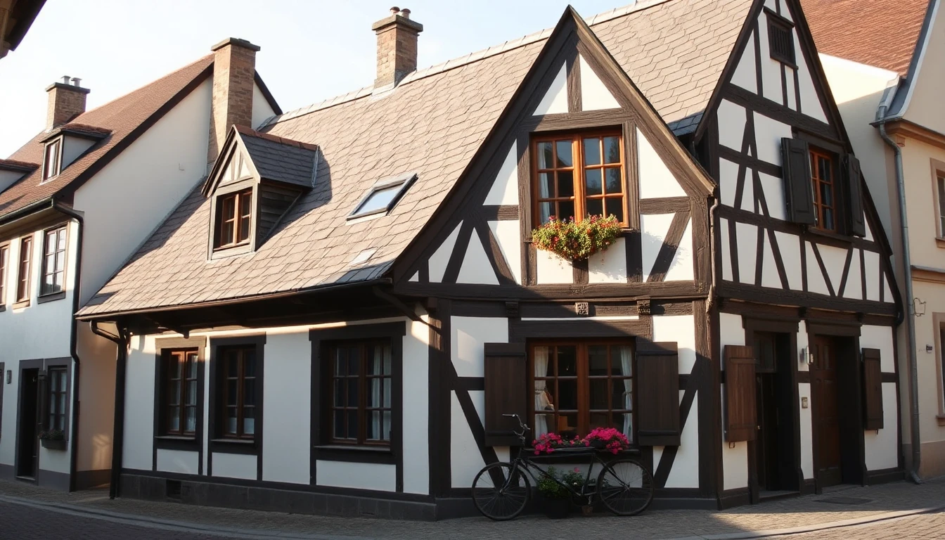 KI-Symbolbild: Ein restauriertes Fachwerkhaus mit Holzfenstern, Fensterläden und Blumenkästen in einer sonnigen Kleinstadtgasse.