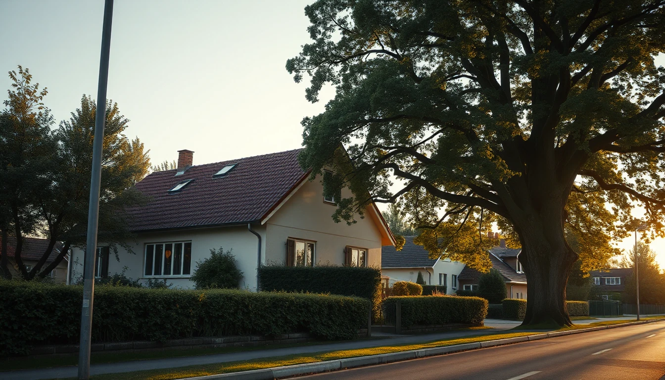 KI-Symbolbild: Ein schlichtes Einfamilienhaus mit Hecke und einem großen alten Baum an einer ruhigen Wohnstraße im weichen Abendlicht.