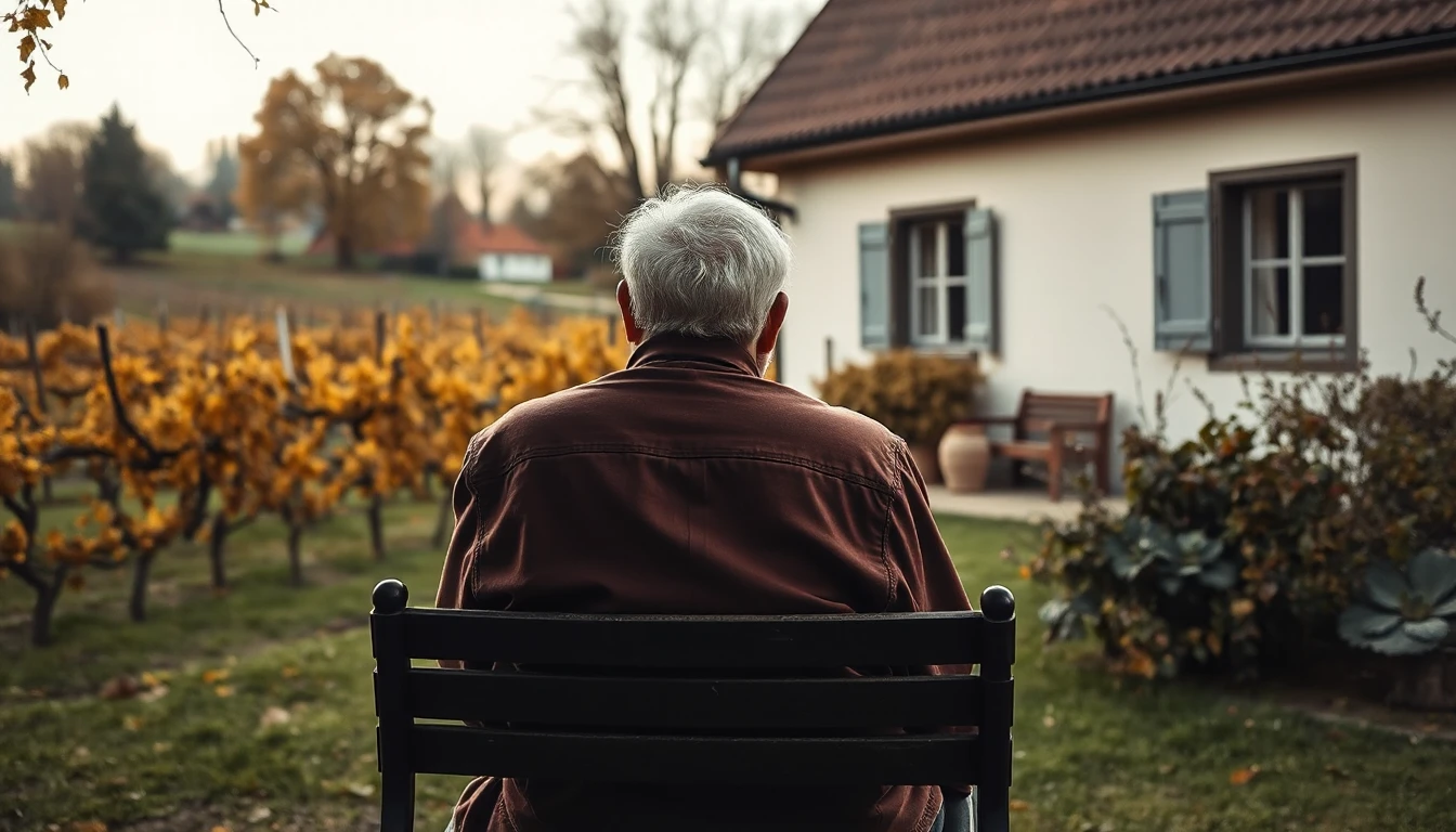 KI-Symbolbild: Ältere Person von hinten auf einer Gartenbank vor einem bescheidenen Haus, daneben ein herbstlicher Weingarten.