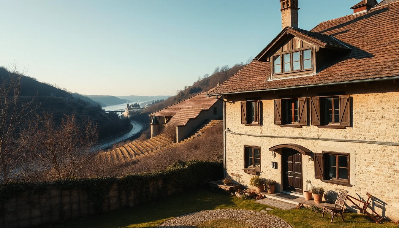 KI-Symbolbild: Renoviertes altes Winzerhaus aus Stein über terrassierten Weingärten, unten die Donau im klaren Herbstmorgen.