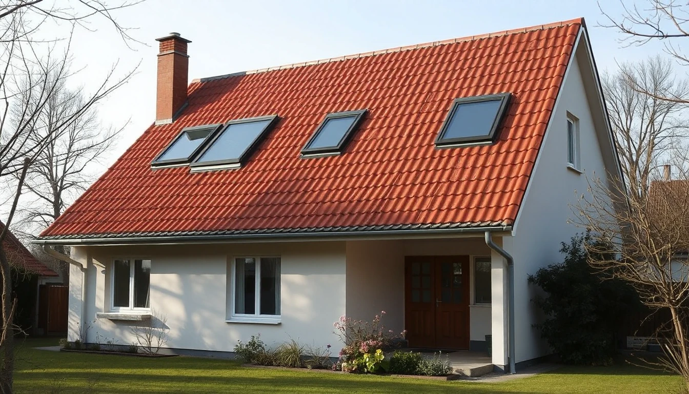KI-Symbolbild: Einfamilienhaus mit neu gedecktem roten Ziegeldach und neuen Dachfenstern, vom Garten aus gesehen an einem klaren Frühlingsmorgen.