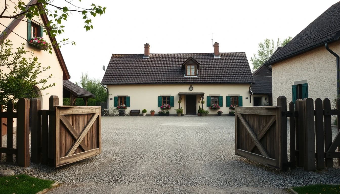 KI-Symbolbild: Ein ländlicher Hof mit weiß verputztem Haupthaus, grünen Fensterläden und Blumenkästen, davor ein weiter Kieshof hinter einem geöffneten Holztor.