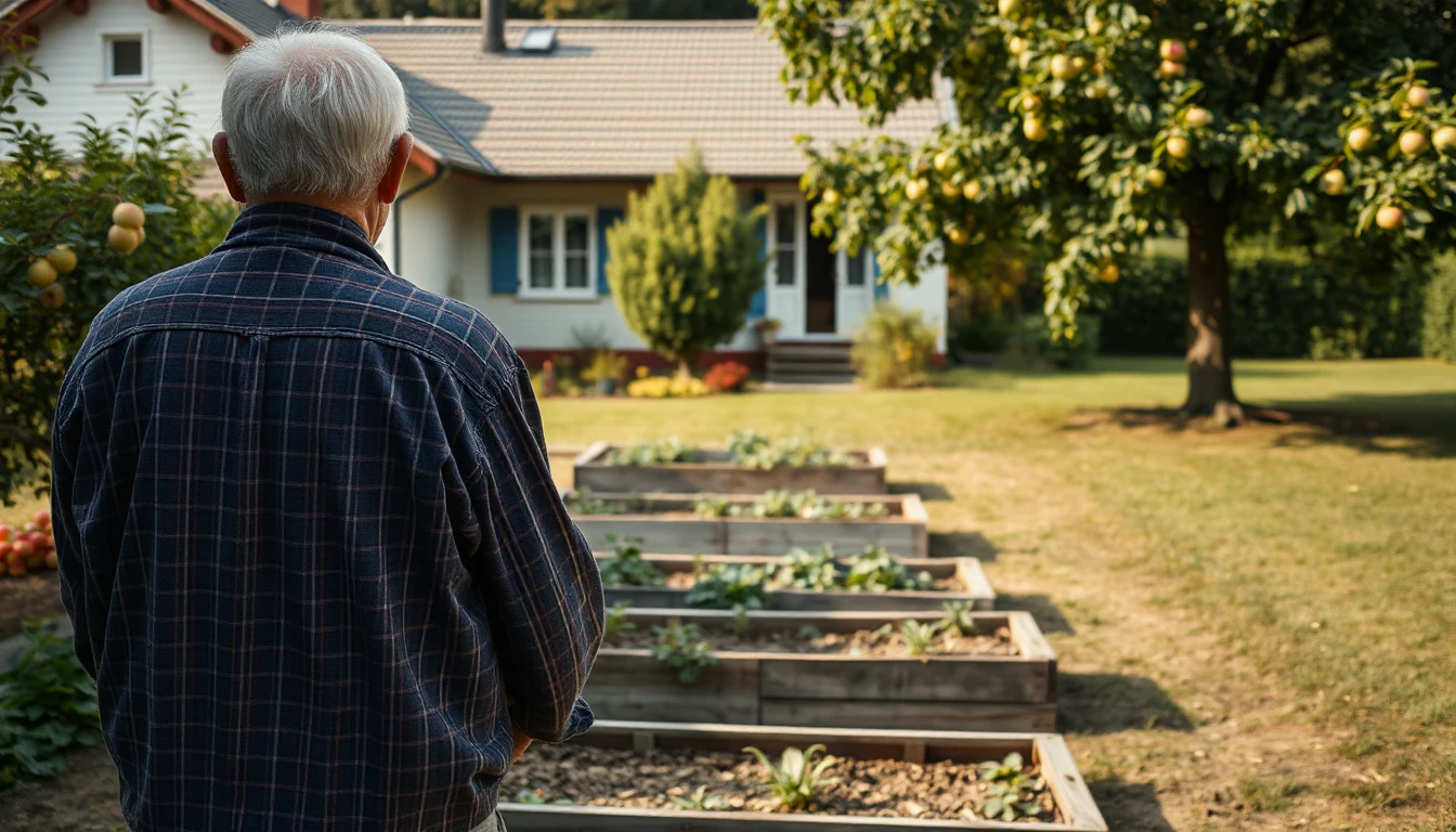 KI-Symbolbild: Eine ältere Person von hinten vor Hochbeeten im Garten eines Bungalows mit Obstbäumen.