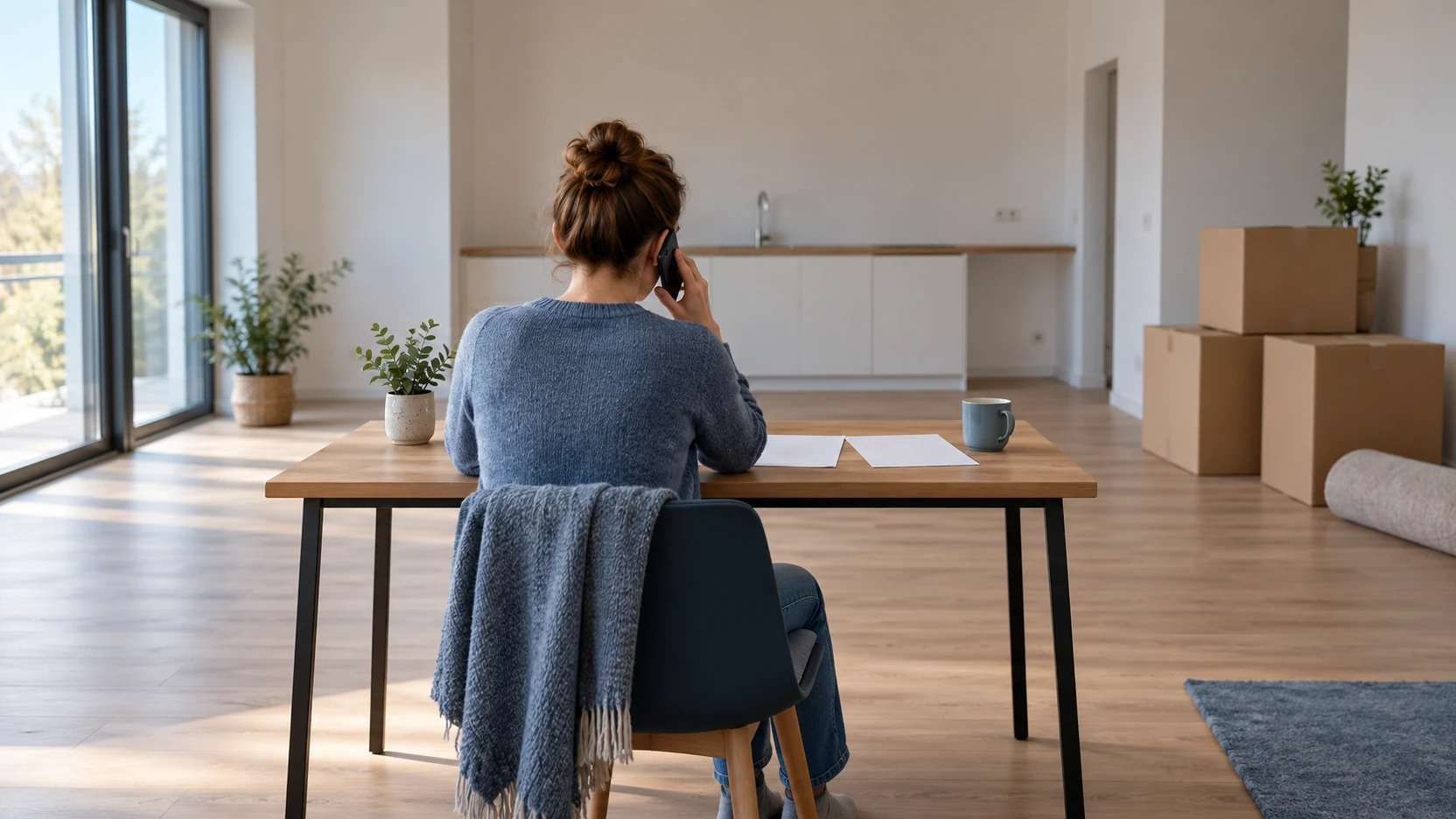 KI-Symbolbild: Eine Person telefoniert an einem Tisch in einer fast leeren Wohnung, daneben liegen Blätter und stehen Umzugskartons.