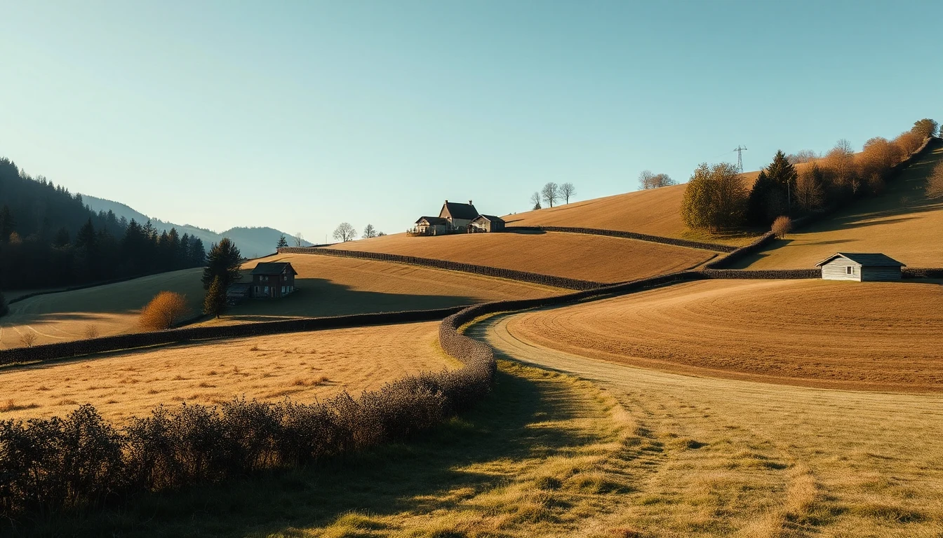KI-Symbolbild: Mehrere aneinandergrenzende Wiesengrundstücke an einem sanften Hang, getrennt durch Hecken und von einem Feldweg durchquert.