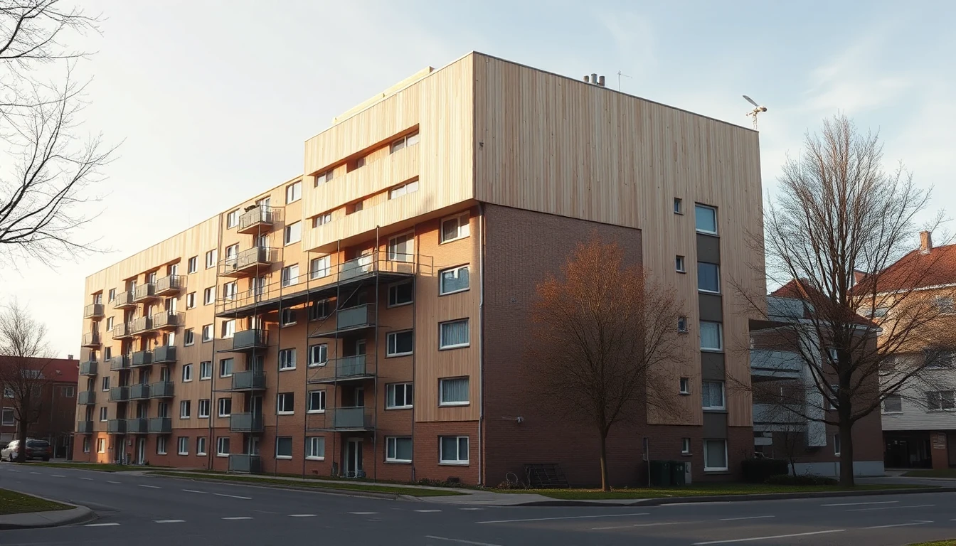 KI-Symbolbild: Ein Wohnblock aus Ziegel mit einem neuen hellen Holzaufbau und Gerüst an der Fassade, davor eine Straße mit kahlen Bäumen.