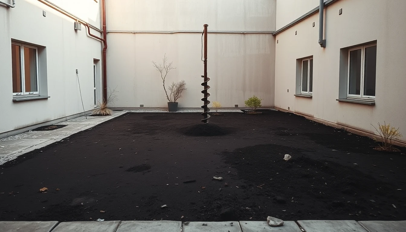 KI-Symbolbild: Ein Innenhof mit freigelegter dunkler Erde, in der Mitte steht ein Erdbohrer aufrecht im Boden.