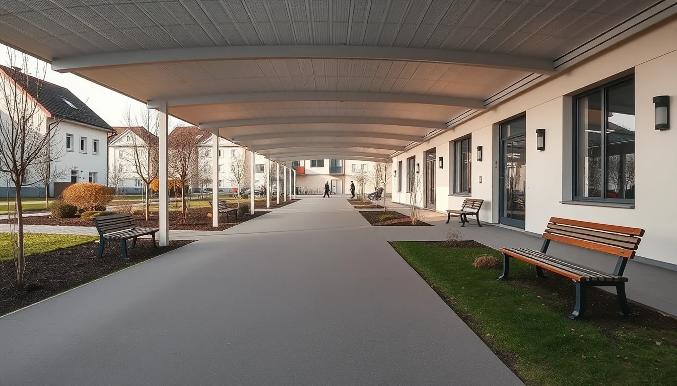 KI-Symbolbild: Ein überdachter Laubengang einer modernen Wohnanlage mit Bänken und Gartenbeeten, in der Ferne klein einige Bewohner.