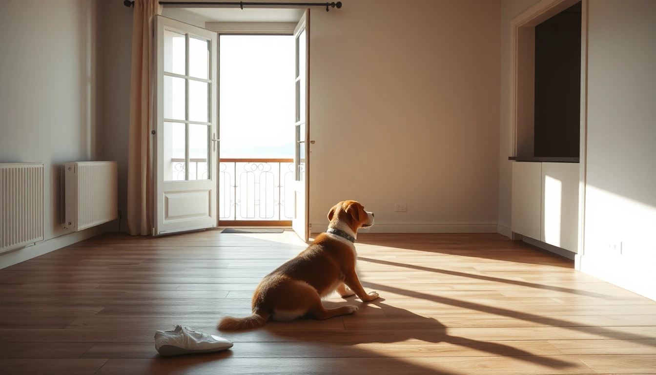 KI-Symbolbild: Ein Hund sitzt auf dem Holzboden einer leeren, sonnigen Wohnung vor einer offenen Balkontür.