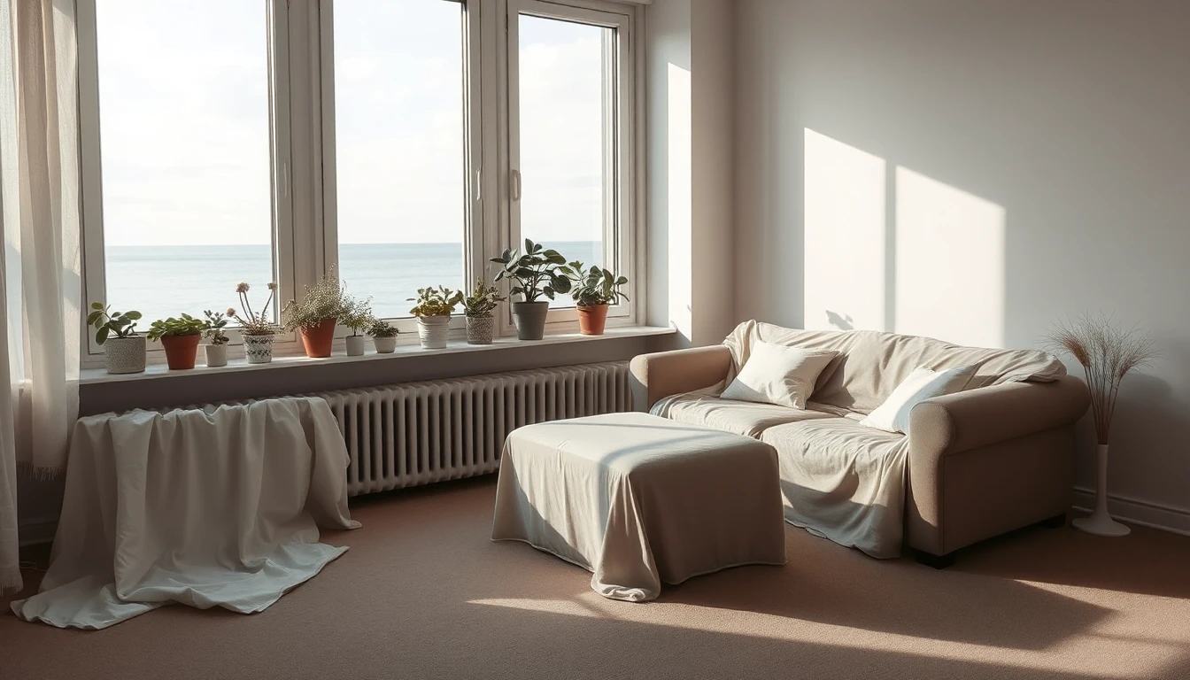 KI-Symbolbild: Mit hellen Tüchern abgedeckte Möbel in einem sonnigen Wohnzimmer, Pflanzen auf der Fensterbank und dahinter das weite Meer.
