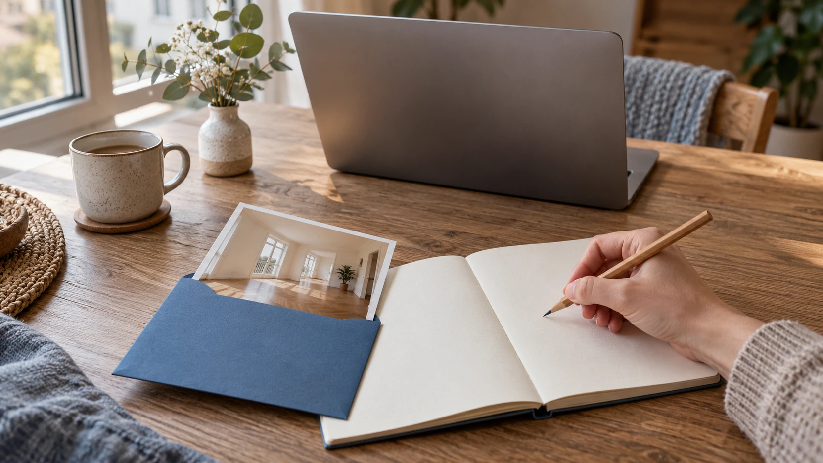 KI-Symbolbild: Ein aufbewahrtes Wohnungsfoto liegt neben einem leeren Notizbuch; eine Hand hält einen Bleistift bereit, dahinter steht ein Laptop mit abgewandtem Bildschirm.