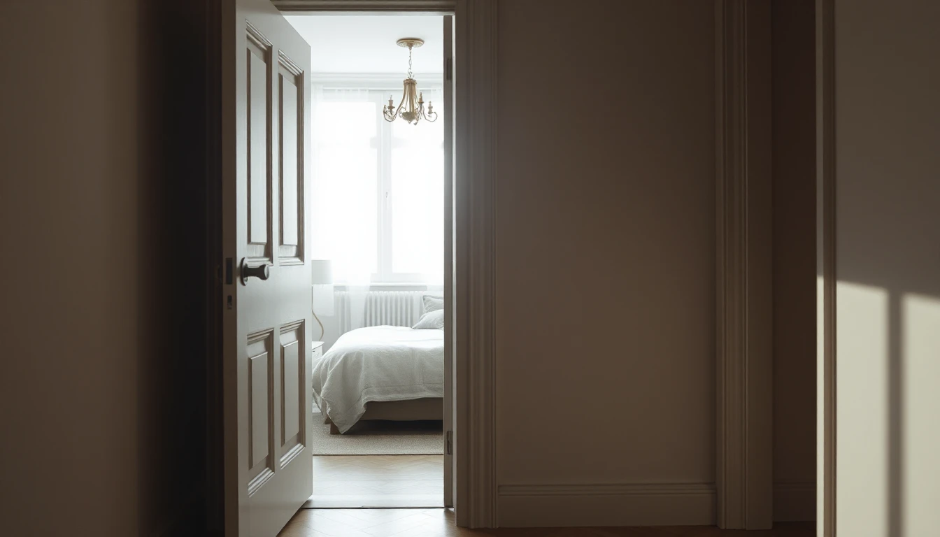KI-Symbolbild: Dunkler Flur mit einer halb geöffneten Tür, durch die man in ein helles Zimmer mit Bett, Fenster und Kronleuchter blickt.