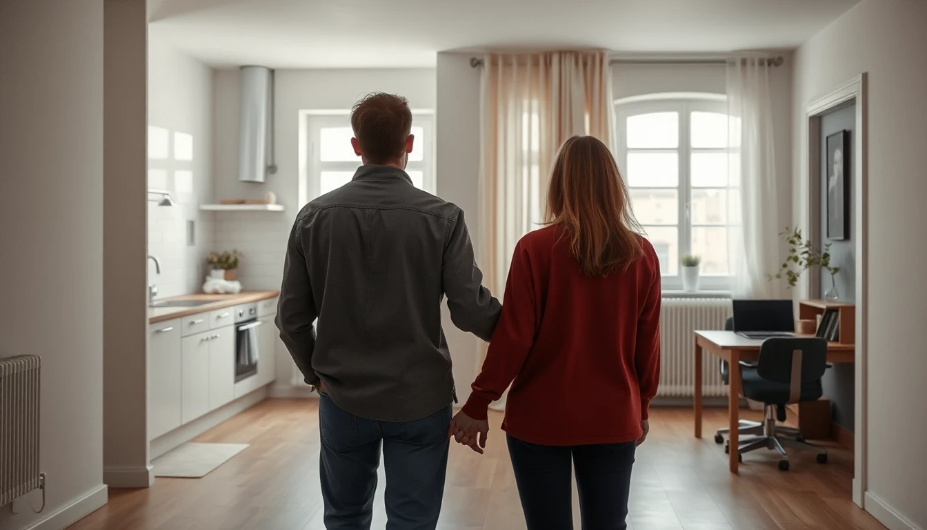 KI-Symbolbild: Ein Paar steht von hinten gesehen in einer hellen leeren Wohnung, links ist eine Kueche, rechts ein Schreibtisch am Fenster zu sehen.