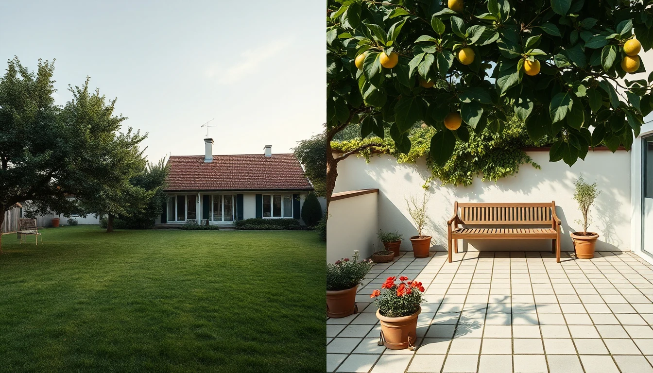 KI-Symbolbild: Zweigeteiltes Bild, links ein großer Rasengarten mit Bäumen hinter einem Haus, rechts eine kleine gepflasterte Terrasse mit Holzbank und Topfpflanzen.