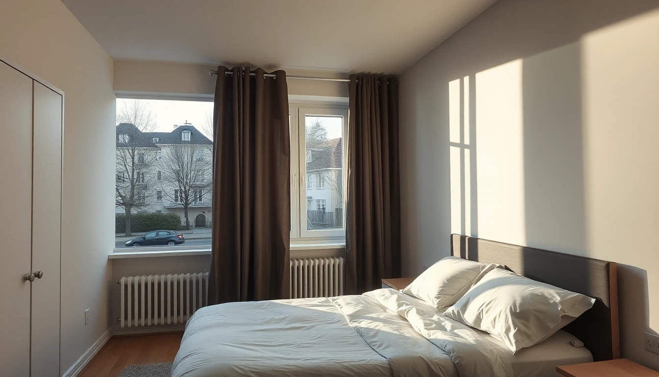 KI-Symbolbild: Ruhiges Schlafzimmer mit braunen Vorhängen am Fenster, Heizkörper und hellem Bett im sanften Morgenlicht, draußen ein Blick auf eine Wohnstraße.