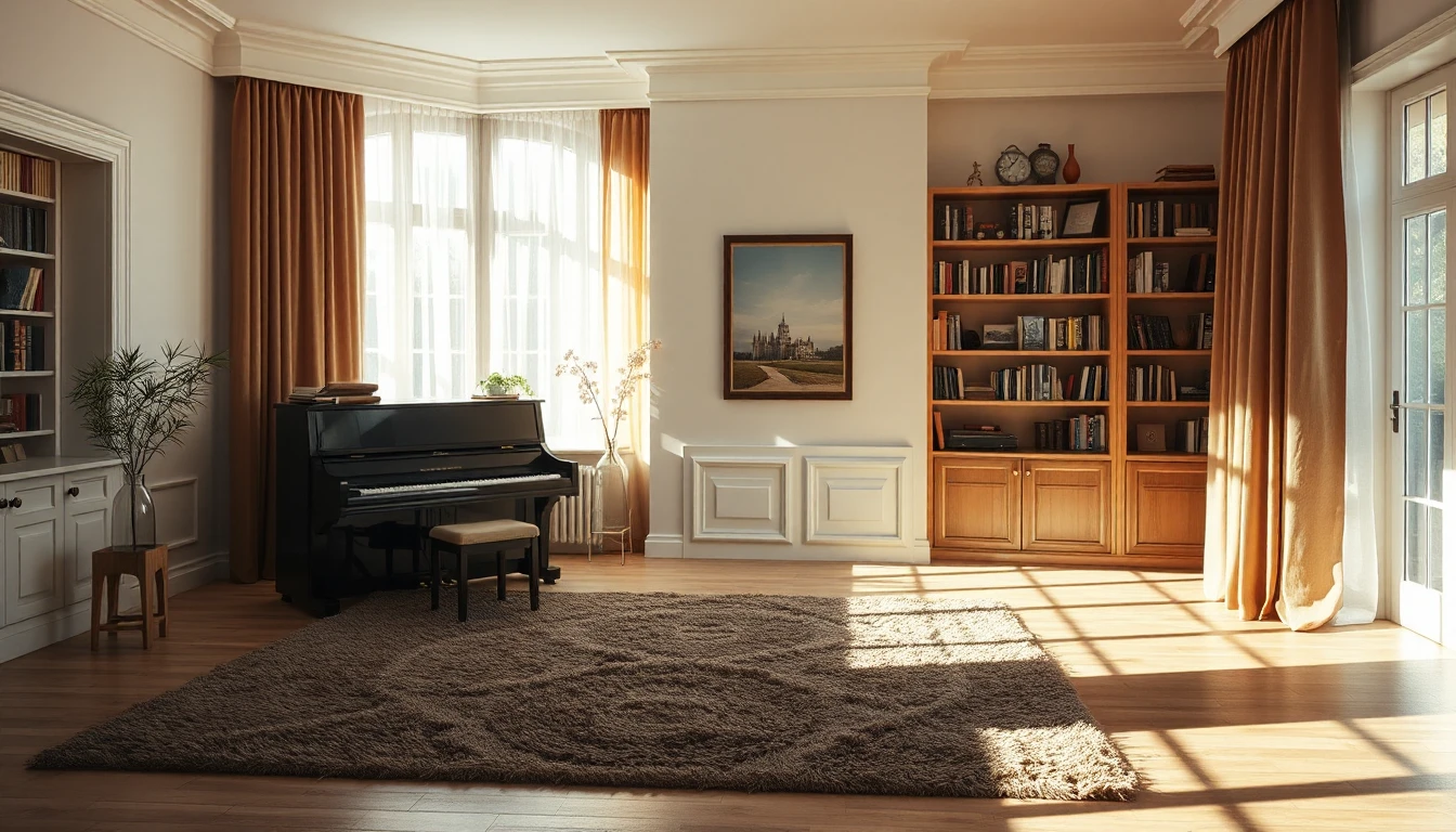 KI-Symbolbild: Helles Wohnzimmer mit schwarzem Klavier an der Wand, dickem Teppich, Bücherregal und schweren Vorhängen im warmen Nachmittagslicht.