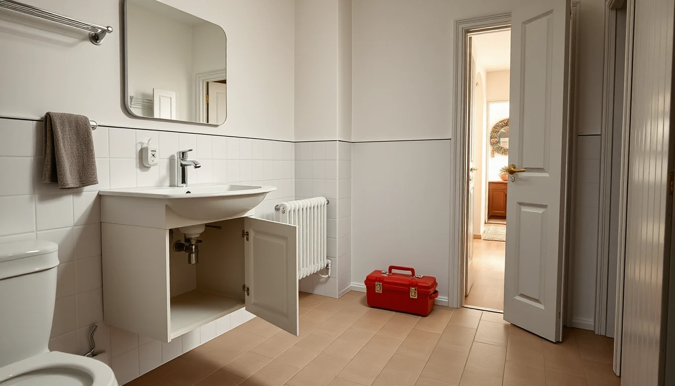 KI-Symbolbild: Helles Badezimmer mit leerem Waschbecken und geöffnetem Unterschrank, davor ein geschlossener roter Werkzeugkoffer, durch die offene Tür ist der Wohnungsflur zu sehen.