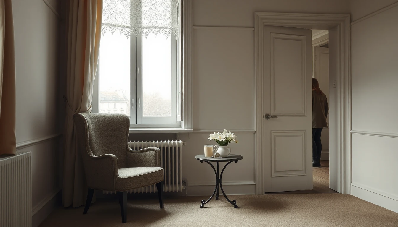 KI-Symbolbild: Ein leerer Lesesessel an einem Fenster mit Spitzenvorhang, daneben weiße Lilien auf einem Beistelltisch, im Türrahmen steht eine Person von hinten.